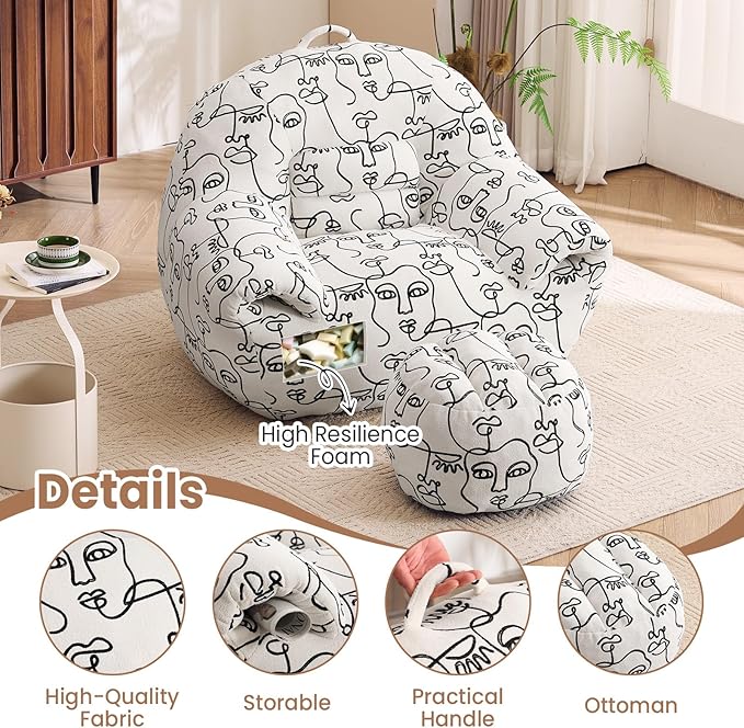 Peace nest Bean Bag Chair with Memory Foam Filled Ultra Soft Jacquard Pattern Cover for Adults Comfy Fur Bean Bag Chairs with Armrests Ottoman for Bedroom Living Room Office Dorm Reading Goddesses
