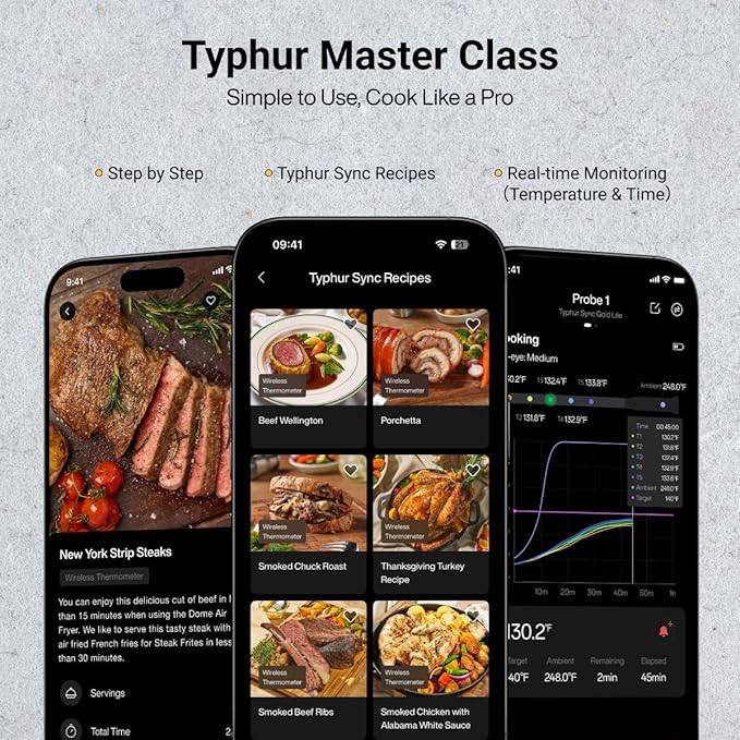 Typhur Sync One Gen 2 Smart Wireless Meat Thermometer with 6 Probes : Standalone Base with LCD Display, Unlimited WiFi & Bluetooth Range, ±0.5℉ Accuracy, Enhanced Signal Stability for BBQ, Grill, Oven