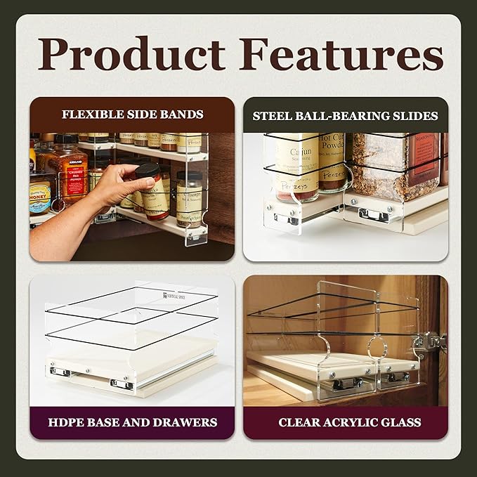 Vertical Spice - Large Pullout Sliding Spice Rack Organizer - 2 Individual 2 Tier Drawers - Premium Rolling Seasoning Holder/Caddy for Hidden Pantry Storage - Made in USA (6.9''W x 12.25" H x 10.6''D)