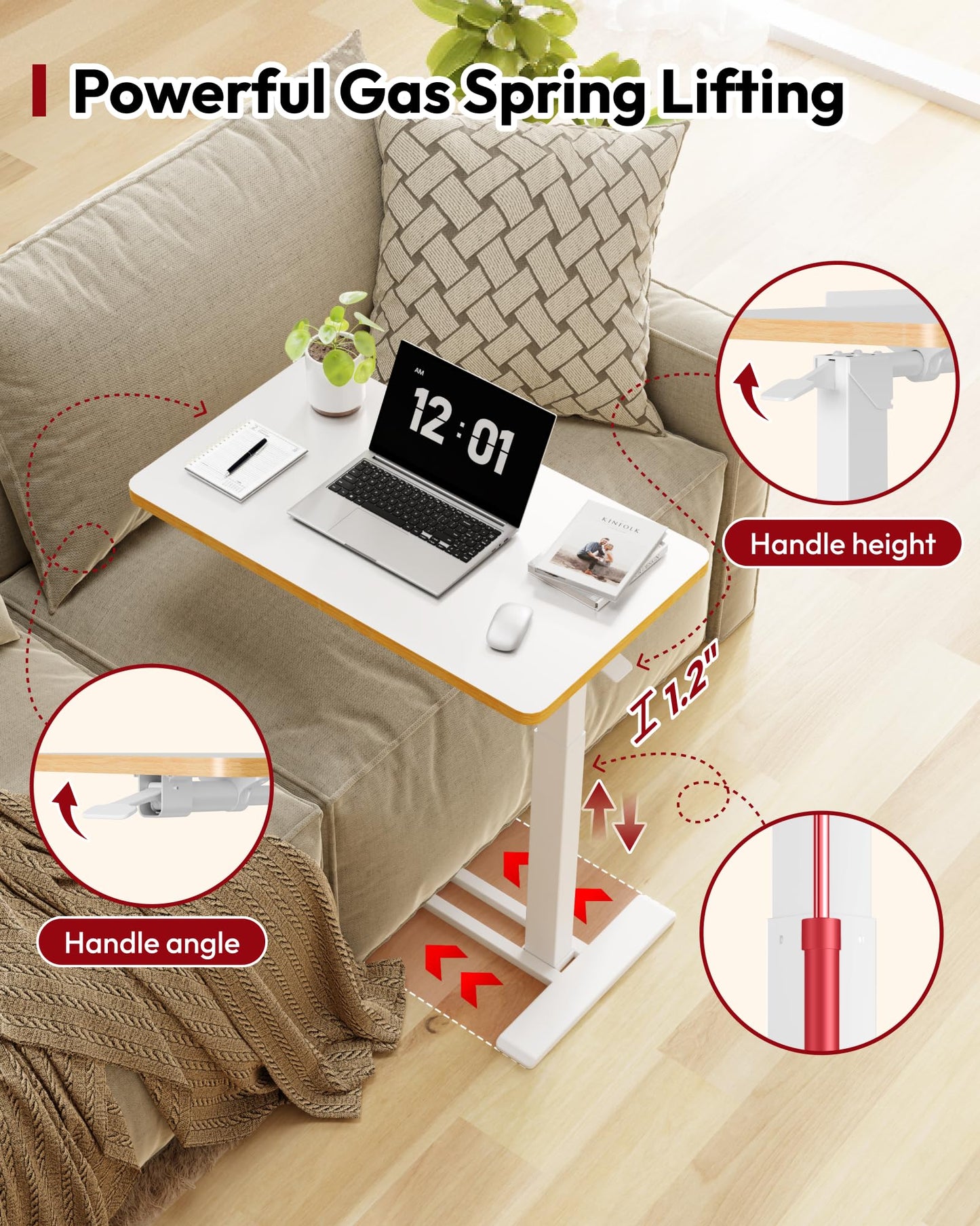 SANODESK Medical Adjustable Overbed Bedside Table with Casters 90° Tilt Top Pneumatic Mobile Rolling Laptop Computer Standing Desk Cart with Tray, Hospital and Home Use(31.5" W x 17.7" D, Maple)