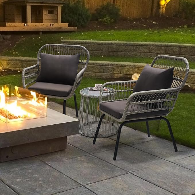 wildformers 3 Pieces Rattan Wicker Bistro Set, Outdoor Conversation Set, Wicker Rattan Furniture Set with Glass Top Table, Space Saving for Balcony, Backyard, Grey