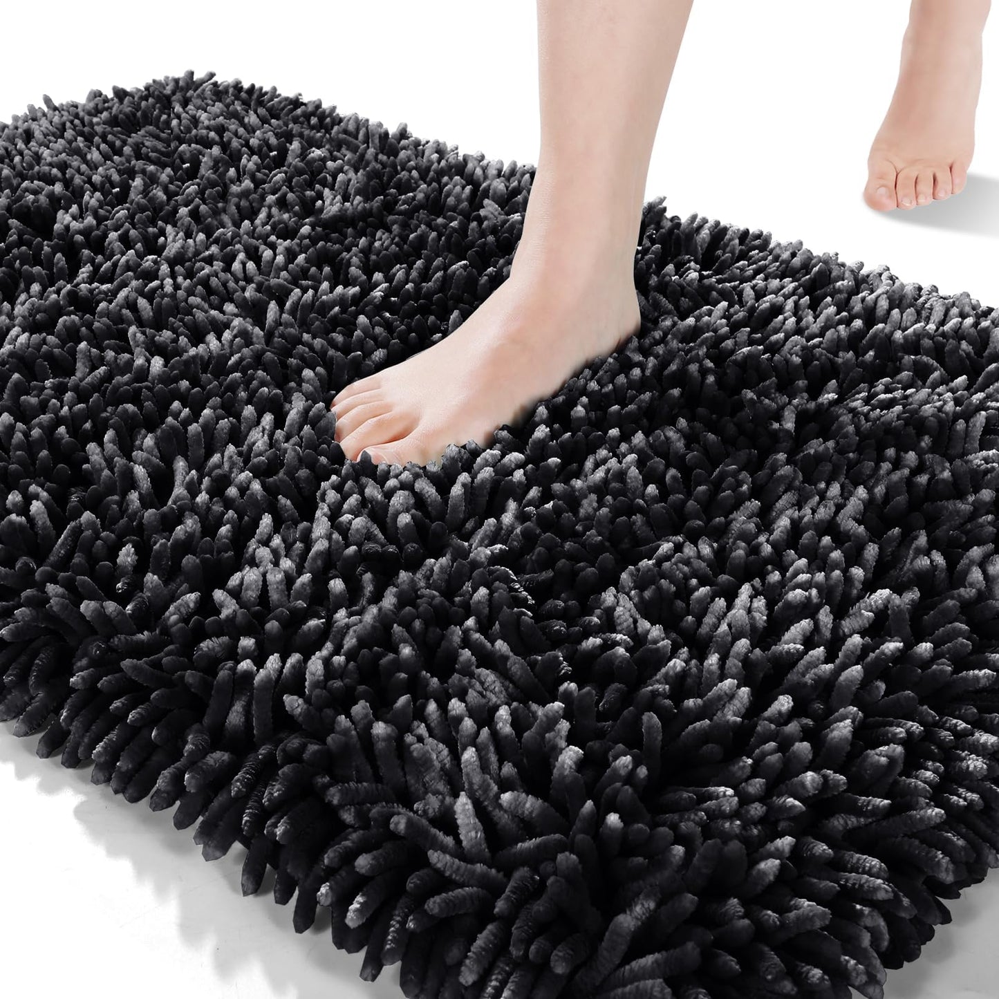 Yimobra Chenille Bathroom Rugs Non Slip, Extra Thick Soft Absorbent Bath Rug 24x17 Inch, Machine Washable Quick Dry Bath Mat for Bathroom Floor, Tub and Shower, Home Decor Accessories, Black