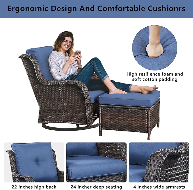 Belord 5 Piece Outdoor Patio Furniture Set - Wicker Furniture Patio Conversation Set, Outdoor Swivel Rocker Chairs with 3-Seater Sofa and 2 Ottomans for Small Space, Blue Cushion