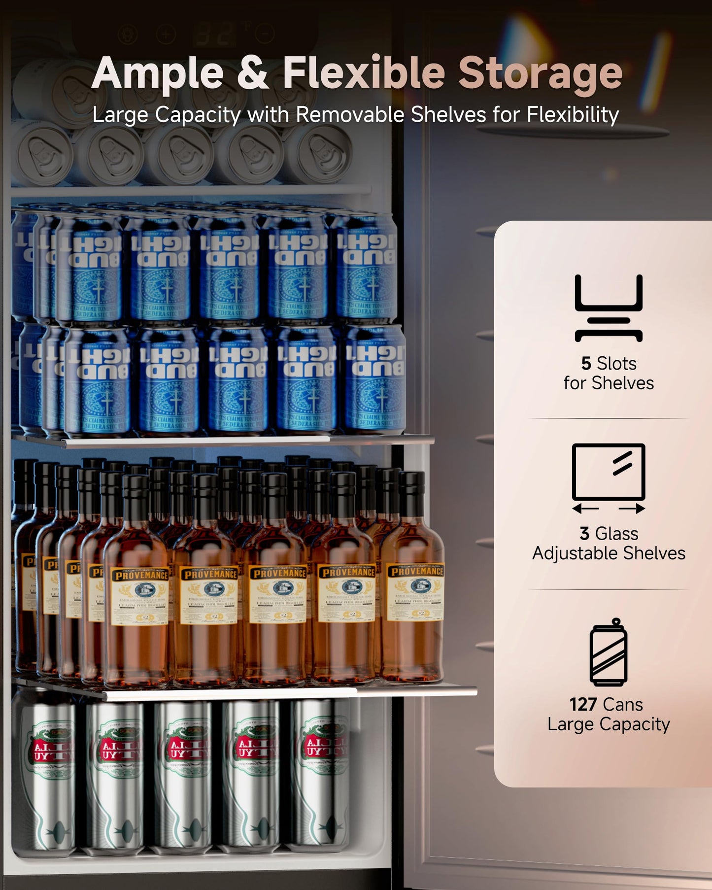 ICEVIVAL 15 Inch Under Counter Beverage Refrigerator, 128 Cans Outdoor Fridge with Adjustable Glass Shelves, ≤45dB Quiet Small Beverage Refrigerator for Outdoor Kitchen & Patio (Black)