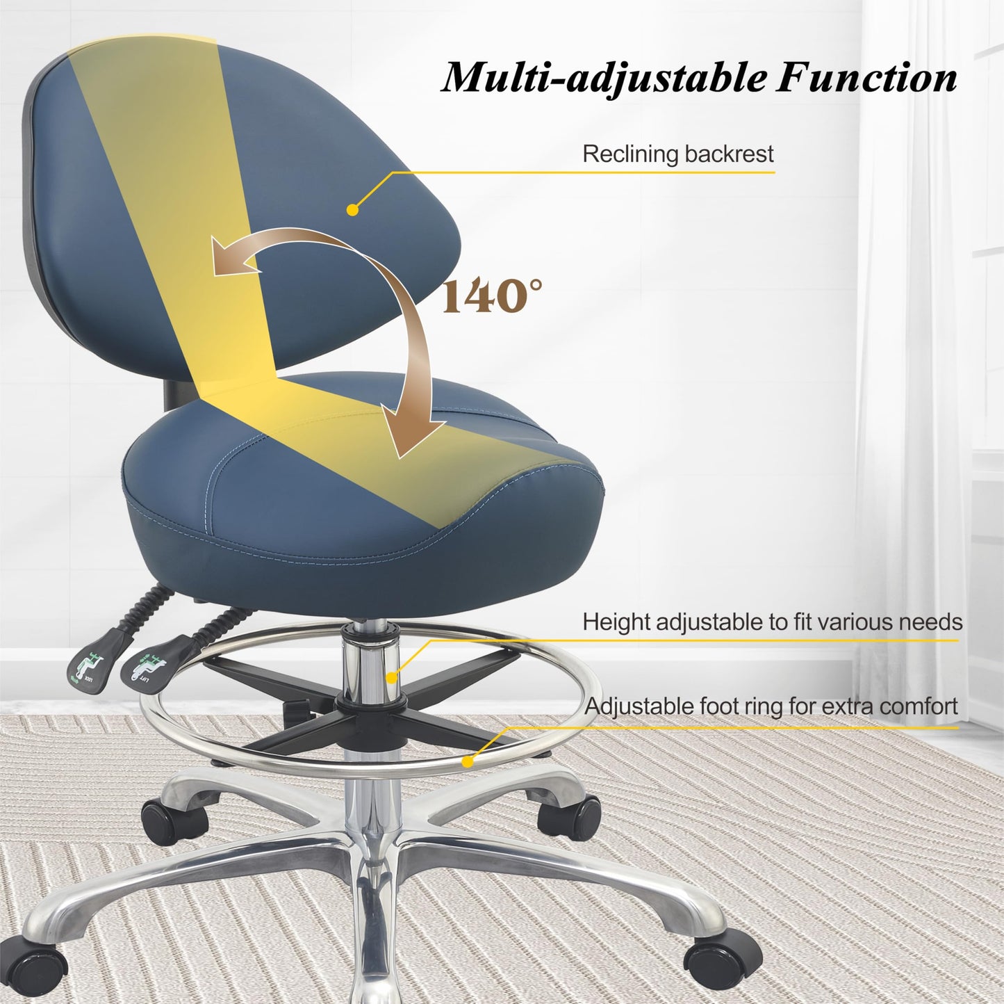 Rolling Saddle Chair with Back Support, Height Adjustable Ergonomic Saddle Stool Chair with Wheels for Dental Hygienist,Salon,Esthetician
