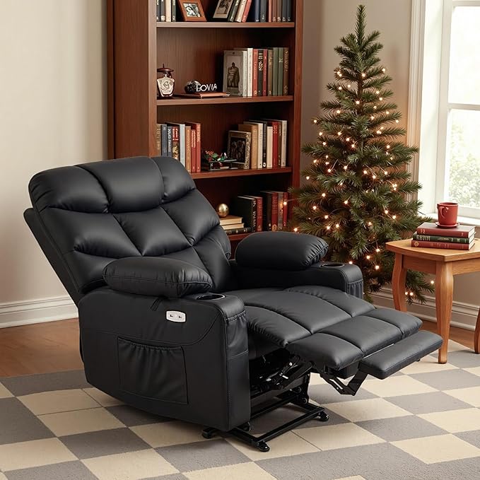 MCombo Oversized Power Lift Recliner Chair with Extended Footrest, Extra Wide 27.2" for Big and Tall Elderly People, Faux Leather R7289 (Black, Medium-Oversize)