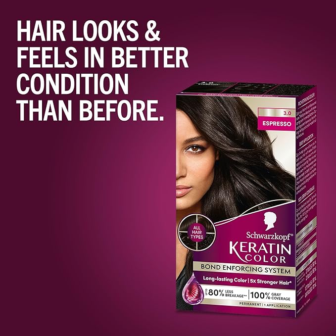 Schwarzkopf Keratin Permanent Hair Dye Cream, 3.0 Espresso, Professional Quality Color for Up to 100% Gray Coverage, Bond Enforcing System