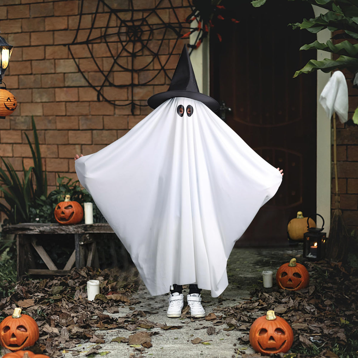 PURPLE STAR 1N Halloween Ghost Costume for Kids Adult- White Ghost Cloak Costume with Witch Hat- Spooky Halloween Ghost Costumes Fancy Dress Cosplay for Party Trick-or-Treating (Small)