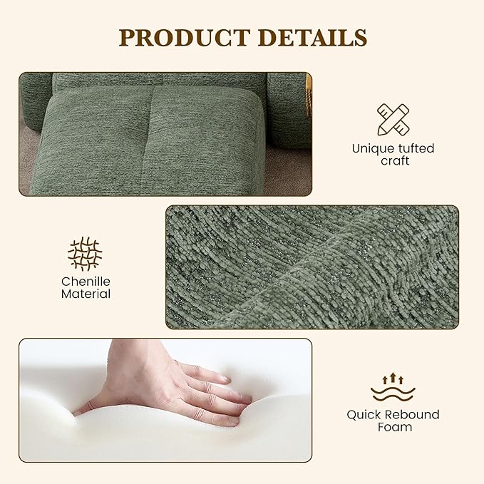 122" L Shaped Convertible Modular Couch, Cloud Couch Sectional with Ottoman, 4-Seater Chenille Boneless Couches for Living Room, Apartment, No Assembly, Green 1PCS