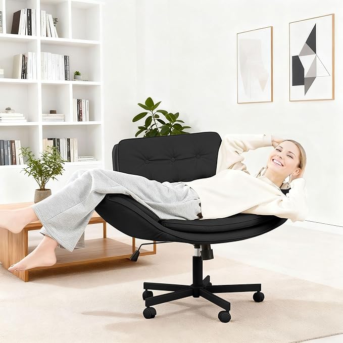 SunSettler Criss Cross Chair with Armrests & Wheels, Comfortable Adjustable Swivel Office Desk Chairs, PU Leather Vanity Chair for Make Up, Home, Bed Room, Gaming, Meditation (Black)