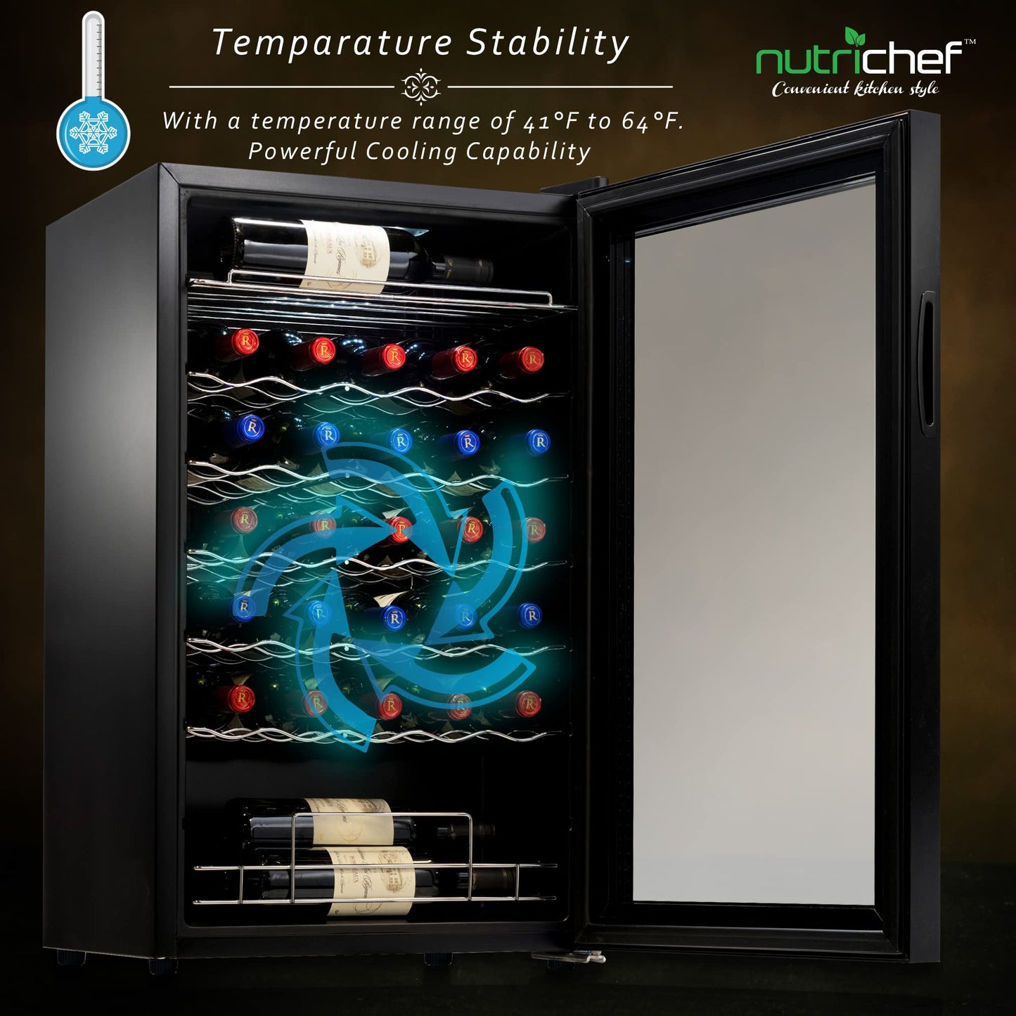 NutriChef PKCWC340 Wine Fridge, 34 Bottle Single Zone Beverage Chiller, 93.5L Capacity, 33x19x17 IN, Black