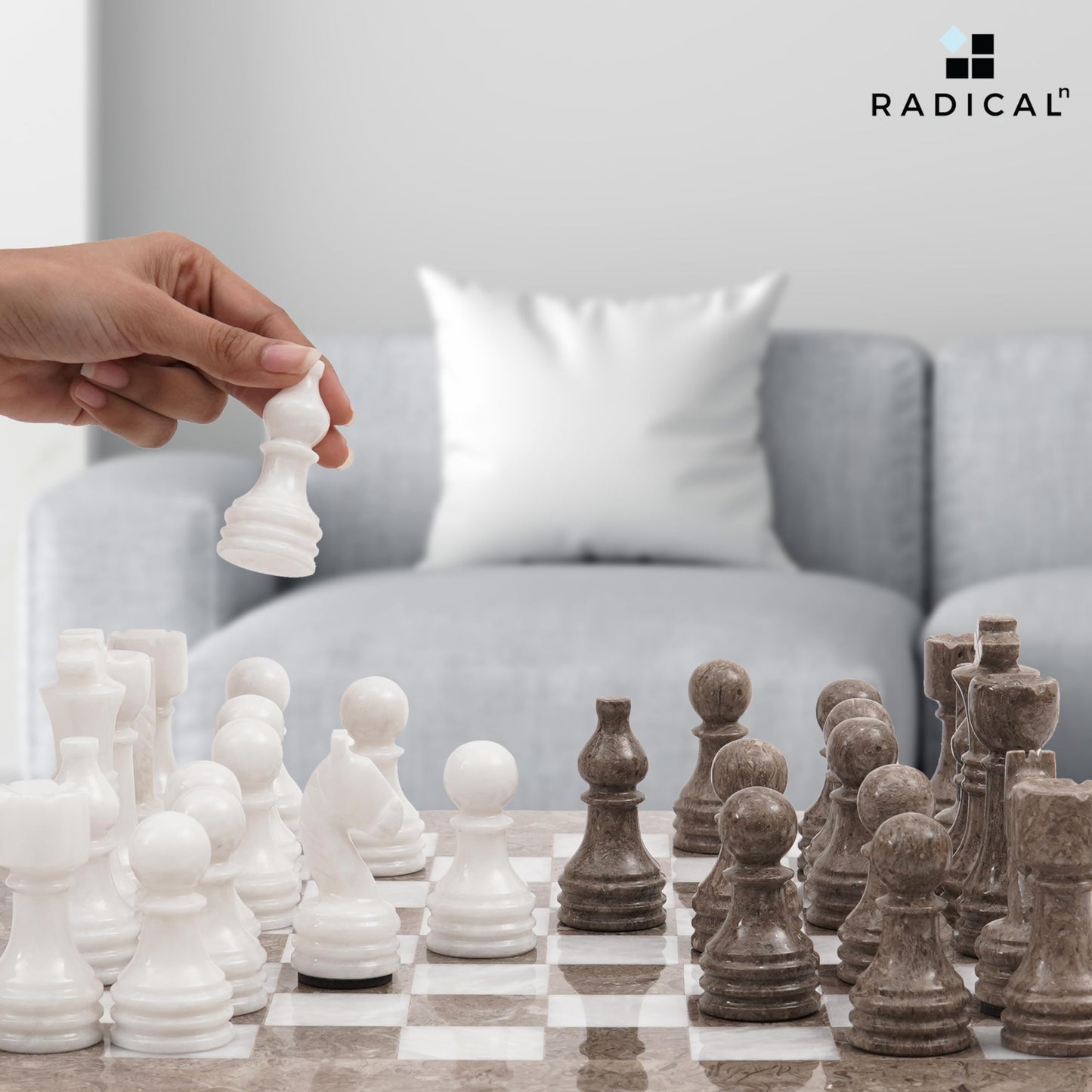Radicaln Marble Chess Set 15" Inches Handmade Grey Oceanic and White Classic Board Game, Ideal Chess Games for Adults, Luxury Marble Chess Boards & Pieces for Gifts