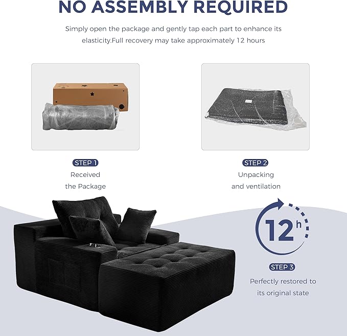 MAXYOYO Modular Sectional Chaise Lounge Sofa, Upholstered Lounge Chair with Pillows Indoor, Tufted Boneless Sofa Couch with Ottoman, Deep Seat Sleeper Chair for Living Room, No Assembly, Black