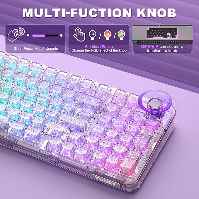 YUNZII X98 QMK/VIA Wireless Mechanical Gaming Keyboard with Knob,Tri-Mode BT5.0/USB-C/2.4GHz Hot Swappable Keyboard,Pre-lubed Switches Gasket Mount RGB Backlit for Wins/Mac (Purple, Crystal Switch)