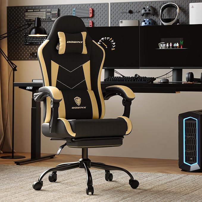 Gaming Chair with Footrest, Ergonomic 330lbs Leather Mesh Chair, Massage Lumbar Support, Adjustable Height & Headrest Pillow, Breathable Seat for Office, Home, Streaming, Long Gaming Sessions, Gold