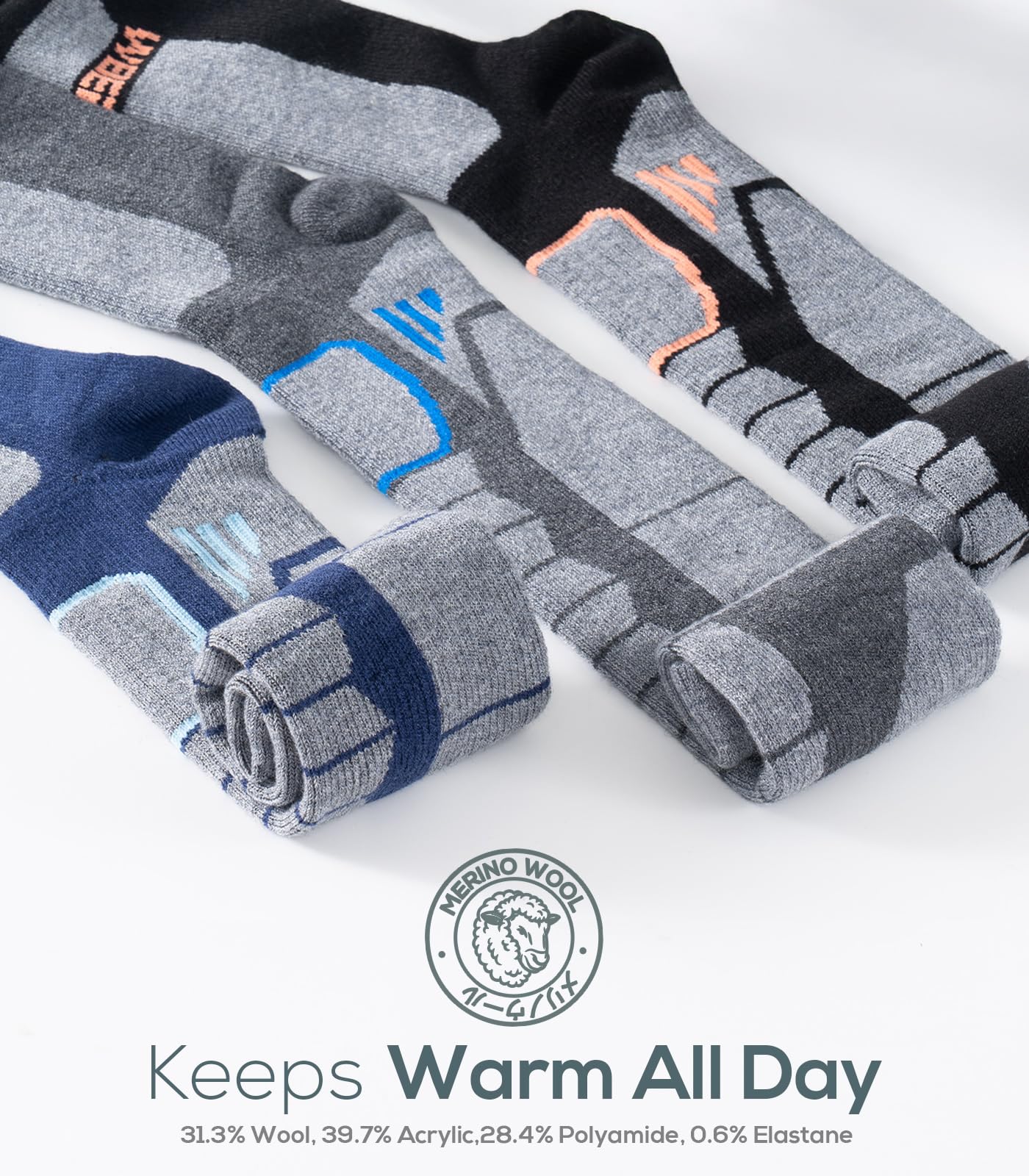 WEIERYA Ski Sock Merino Wool Ski Socks Mens Womens Skiing & Snowboarding Socks, Over The Calf, Grey Large 2 Items