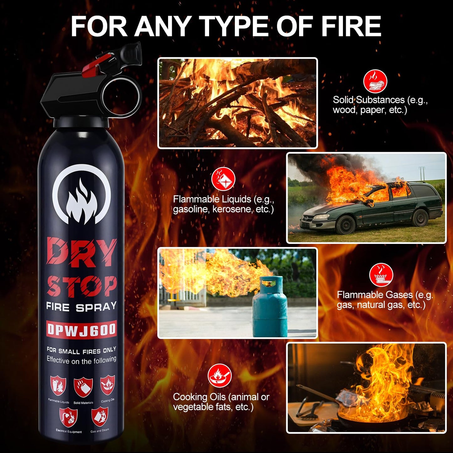 Dry Stop Fire Extinguisher Spray - 4 Pack Portable Fire Extinguisher with Mount for Boat Vehicle Home Car Garage Kitchen, 600g Dry Powder Fire Extinguishers for Electrical Grease Battery Fires & More