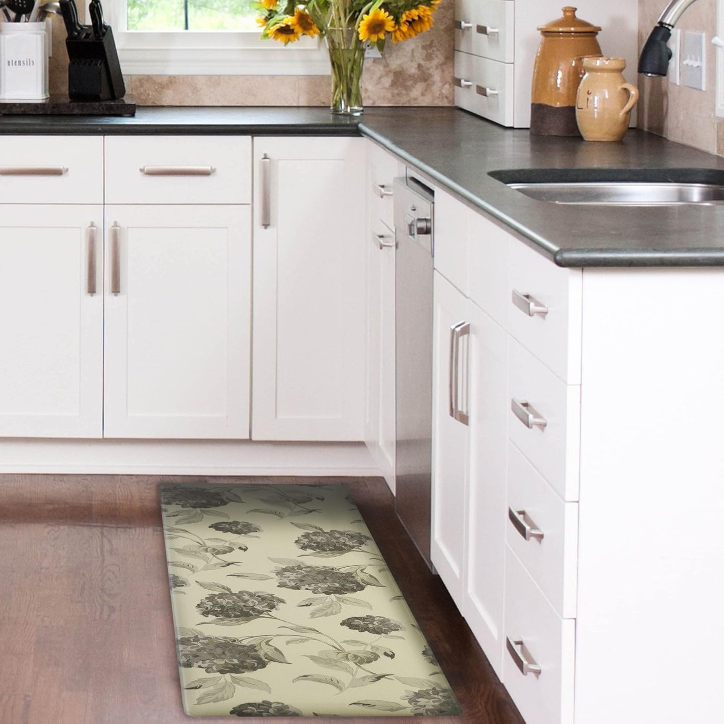 Laura Ashley – Anti-Fatigue Kitchen Mat | Floral Hydranga Design | Stain, Water & Fade Resistant | Cooking & Standing Relief | Non-Slip Backing | Measures 17.5” x 48"| Grey Hydrnga