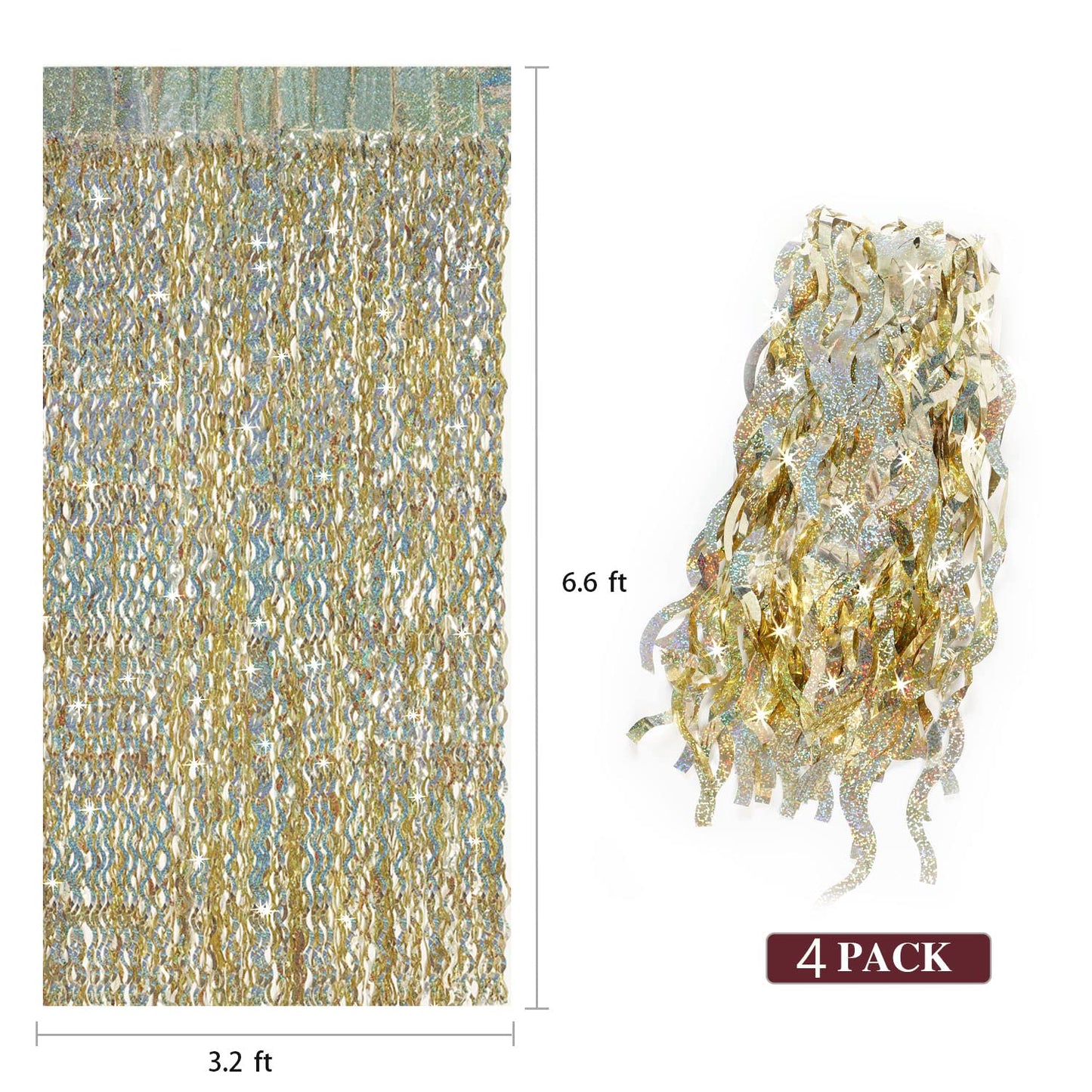 CYLMFC 4 Pack Champagne Gold Fringe Backdrop - 3.3 ft x 6.6 ft Shimmer Wavy Foil Curtain for Birthday Party, Yellow Streamers Party Decorations