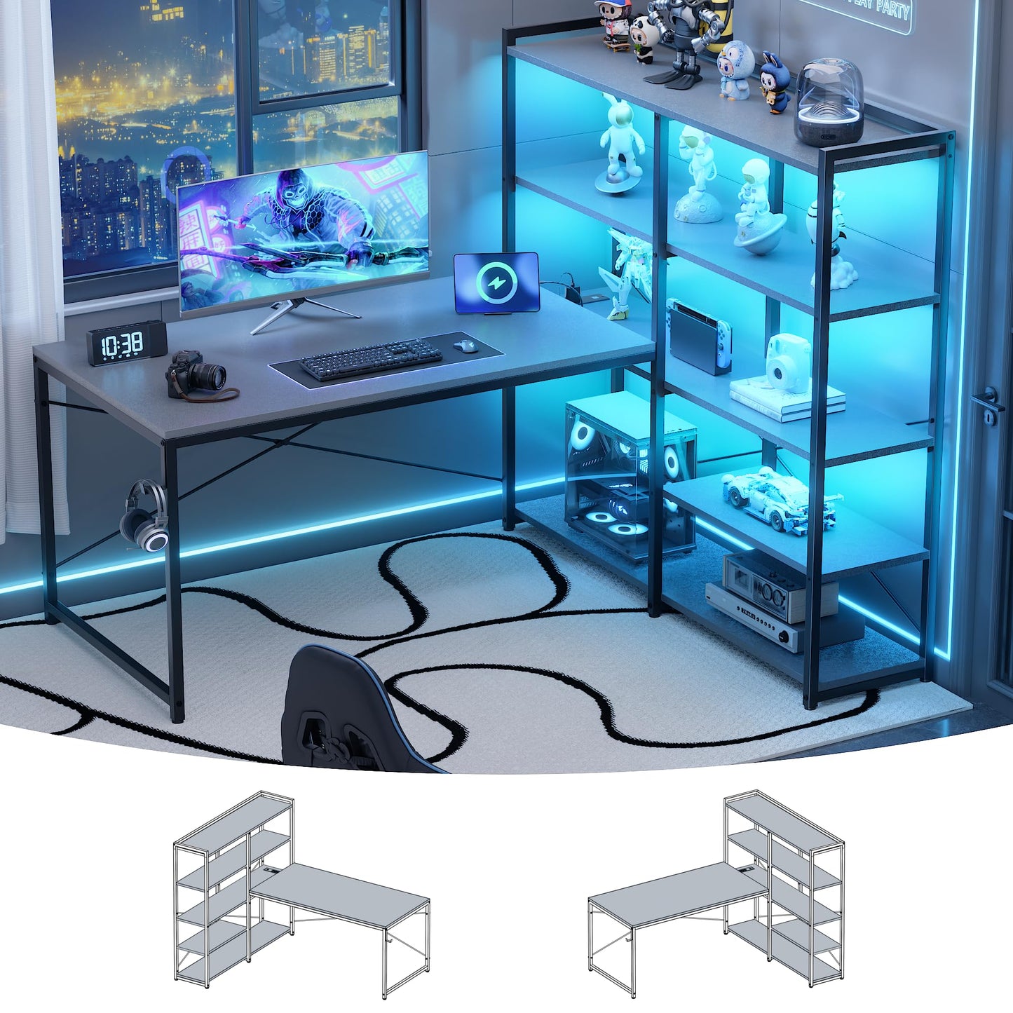 Pamray L Shaped Computer Desk with Reversible Side Storage Shelves, 49 Inch Gaming Desk with Power Outlets and Led Lights, PC Table for Home Office and Bedroom Grey