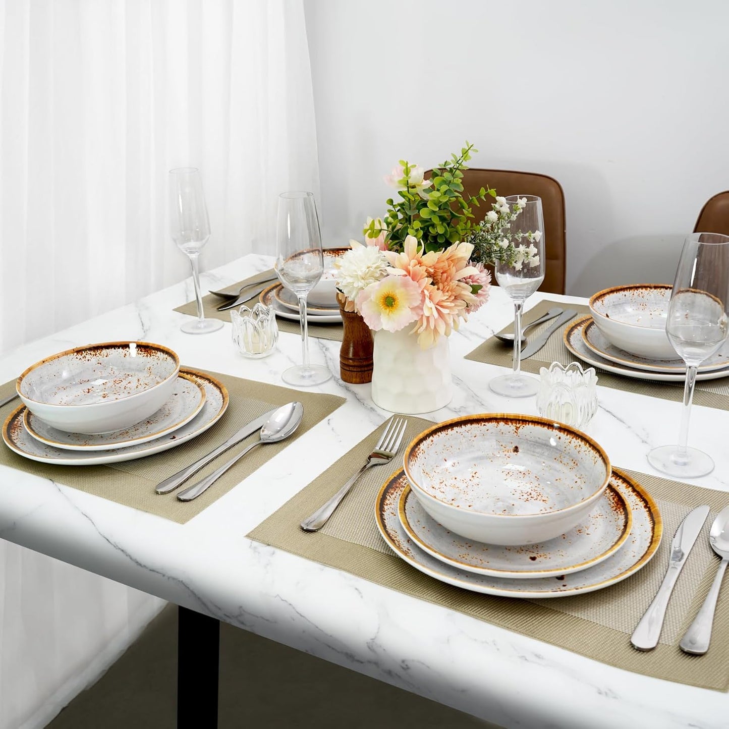 TP 12-Piece Dinnerware Set, Melamine Dishes Set with Bowls and Plates, Non-breakable and Lightweight Dinner Service for 4, Grey Swirl