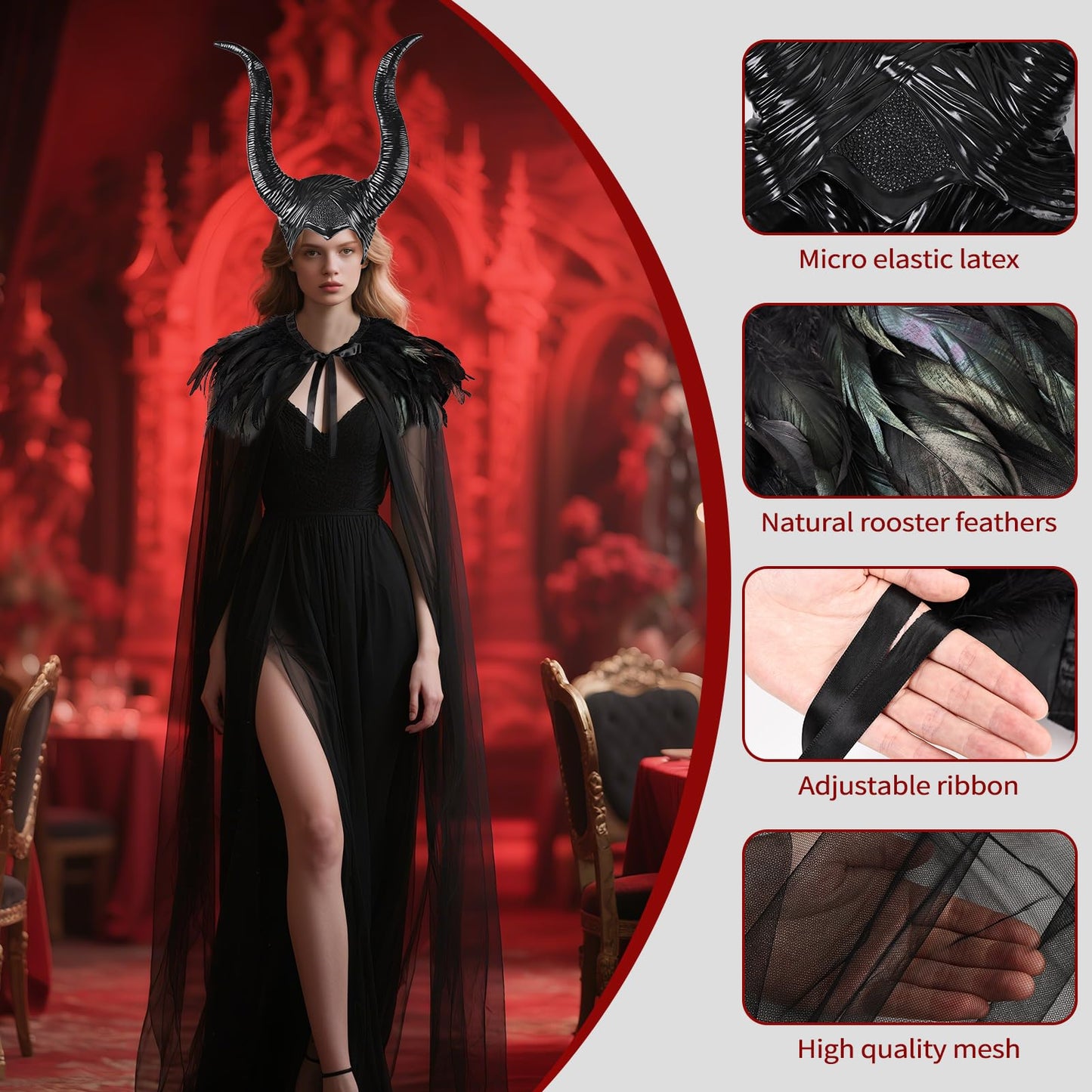 MAOFENG Women's Gothic Evil Queen Costume Demon Horns with Black Feather Collar Mesh Cloak Set for Halloween Cosplay Party