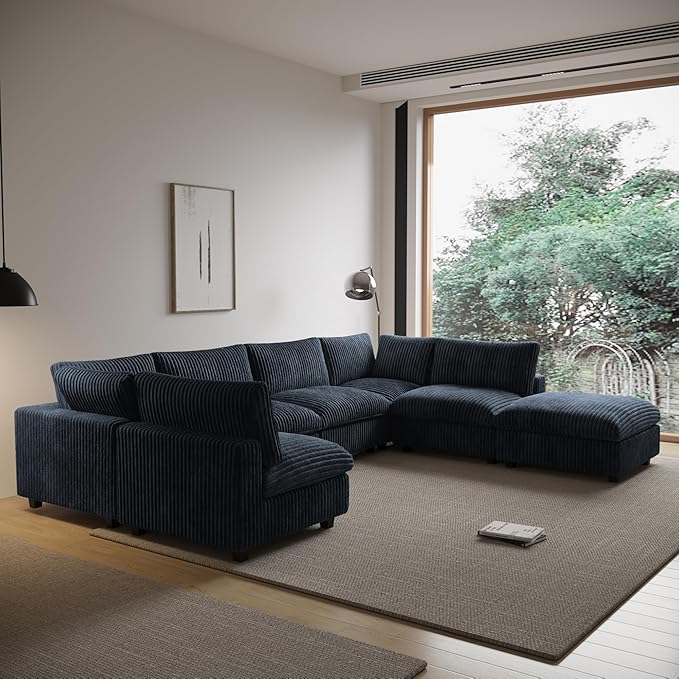 Cloud Modular Sectional Sofa,157" Oversized 7 Seater Sofa,V Shaped Couch with Storage Ottoman,Plush Sofas for Living Room,Comfy Couch with Chaise,Covers Washable&Replaceable (Black)