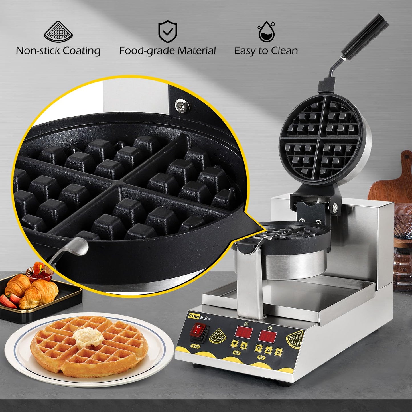 Dyna-Living Belgian Waffle Maker Commercial Intelligent Round Waffle Maker Rotating 180° Nonstick Flip Waffle Iron Machine Professional Commercial Waffle Maker for Restaurant 110V 1200W