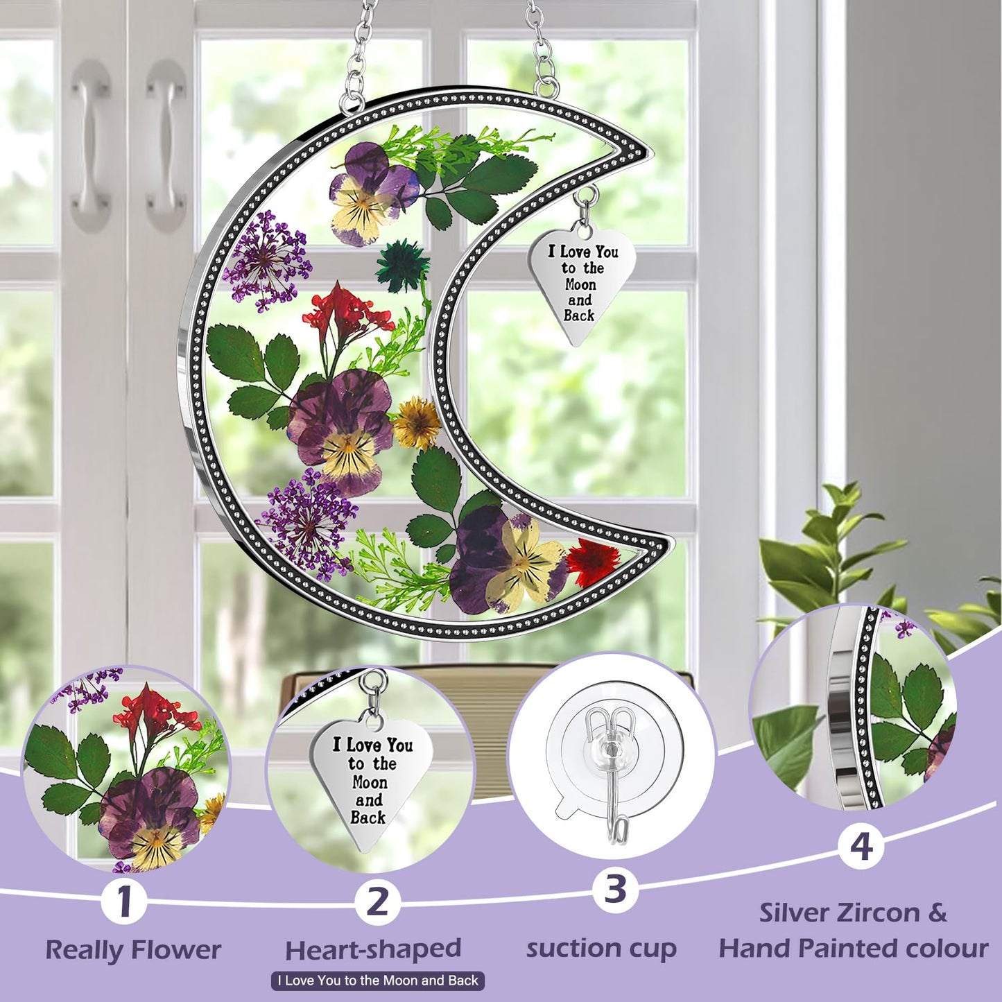 KY&BOSAM Moon Suncatcher I Love You to The Moon and Back Stained Glass for Window Hangings Wind Chime Decor with Pressed Real Flower and Metal Charm Birthday Gift for Women Mom Mother`s Day Christmas