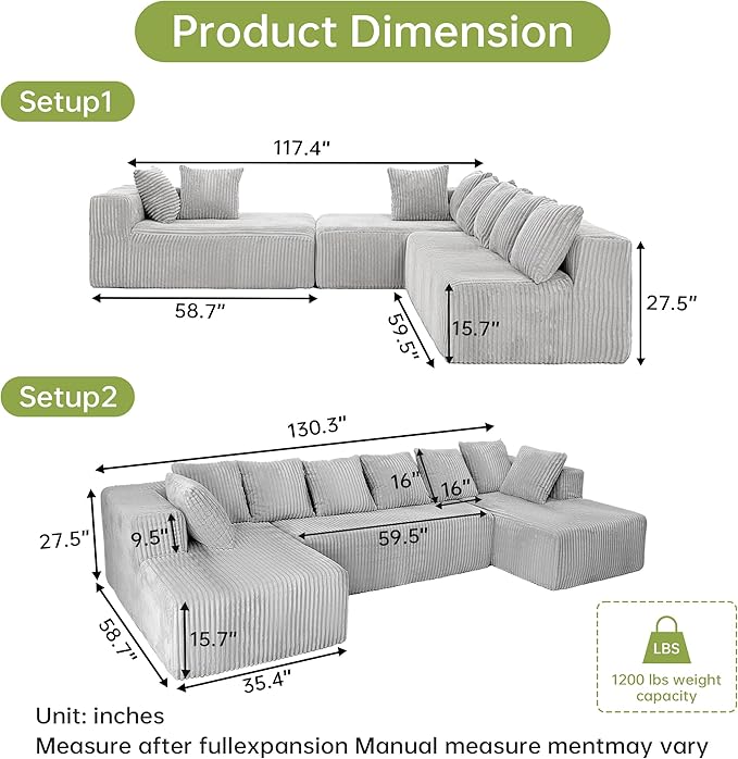 SEENYOO 130" Boneless Couch, Cloud Couch Sectional, Corduroy Sofa for Living Room, U Shaped Modular Sofa with Chaise, No Assembly, 4 Seats Oversized (Grey)