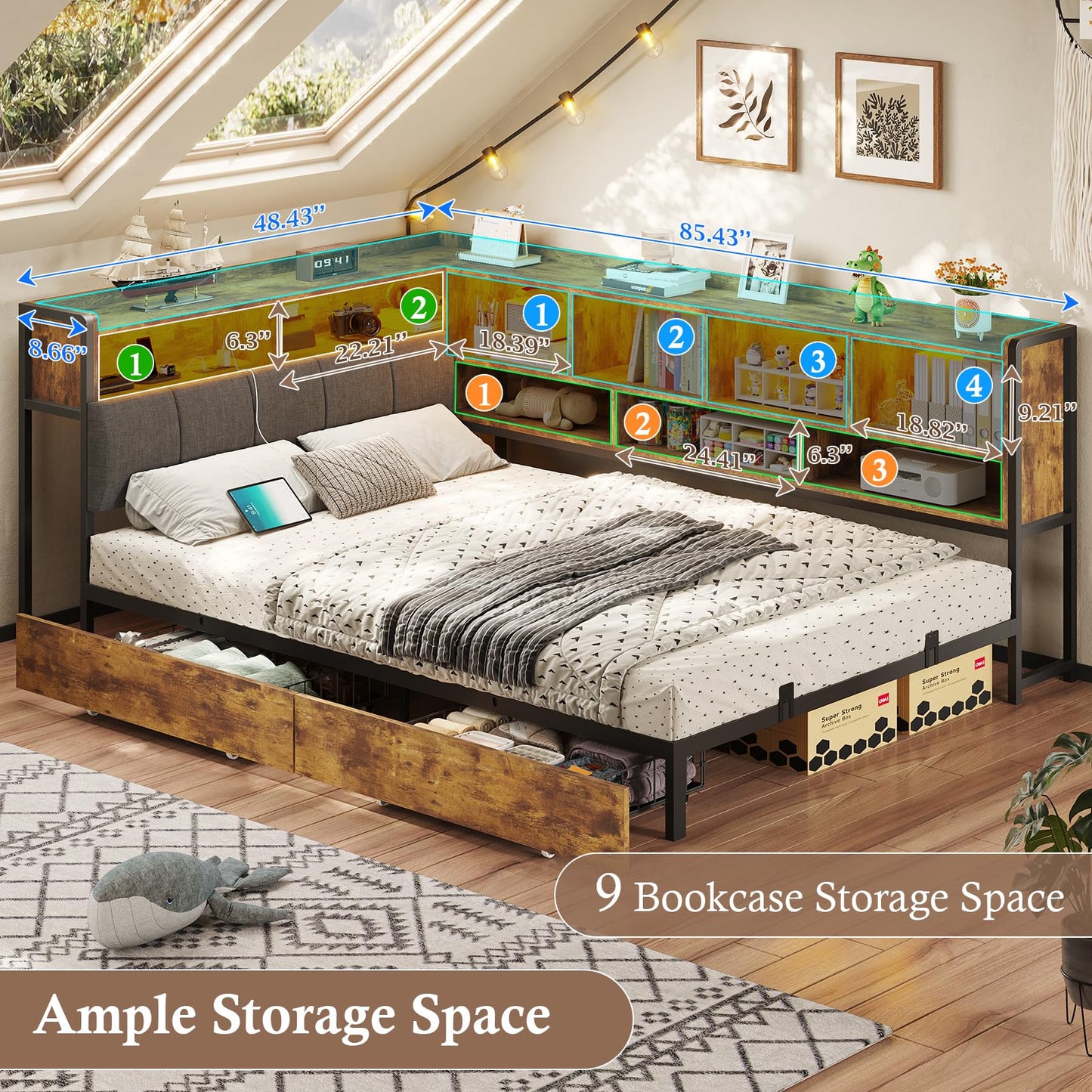 busyaeh Corner Bed with Storage Bookcase and LED Light,Corner Bed Frame with 2 Underneath Storage Drawers & Charging Station and Mattress Slide Stopper,Twin Bed Frames for Bedroom,Rustic Brown
