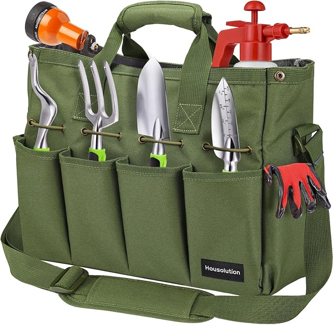 Housolution Garden Tote Bag, 900D Standable Gardening Tool Bag, Garden Tote Storage Bag with Pockets & Long Adjustable Shoulder Strap, Home Tools Organizer Garden Tool Kit Holder, 14 Inch