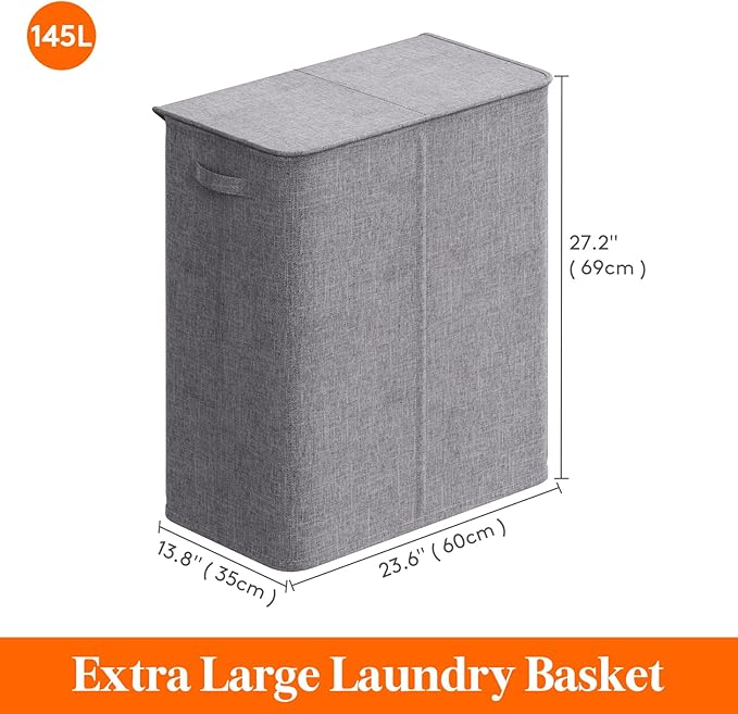 Lifewit Double Laundry Hamper with Lid and Removable Laundry Bags, Large Collapsible 2 Dividers Dirty Clothes Basket with Handles for Bedroom, Laundry Room, Closet, Bathroom, College, 145L Light Gray