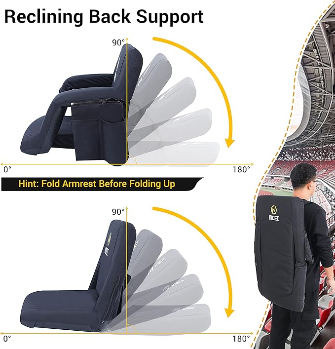 Nice C Stadium Seats, Floor Chair, Bleacher Chairs, 5 Reclining Positions Waterproof Cushion, Ultralight, Foldable, Extra Thick Padding, with Shoulder Straps & Net Pockets, Power Bank Not Included