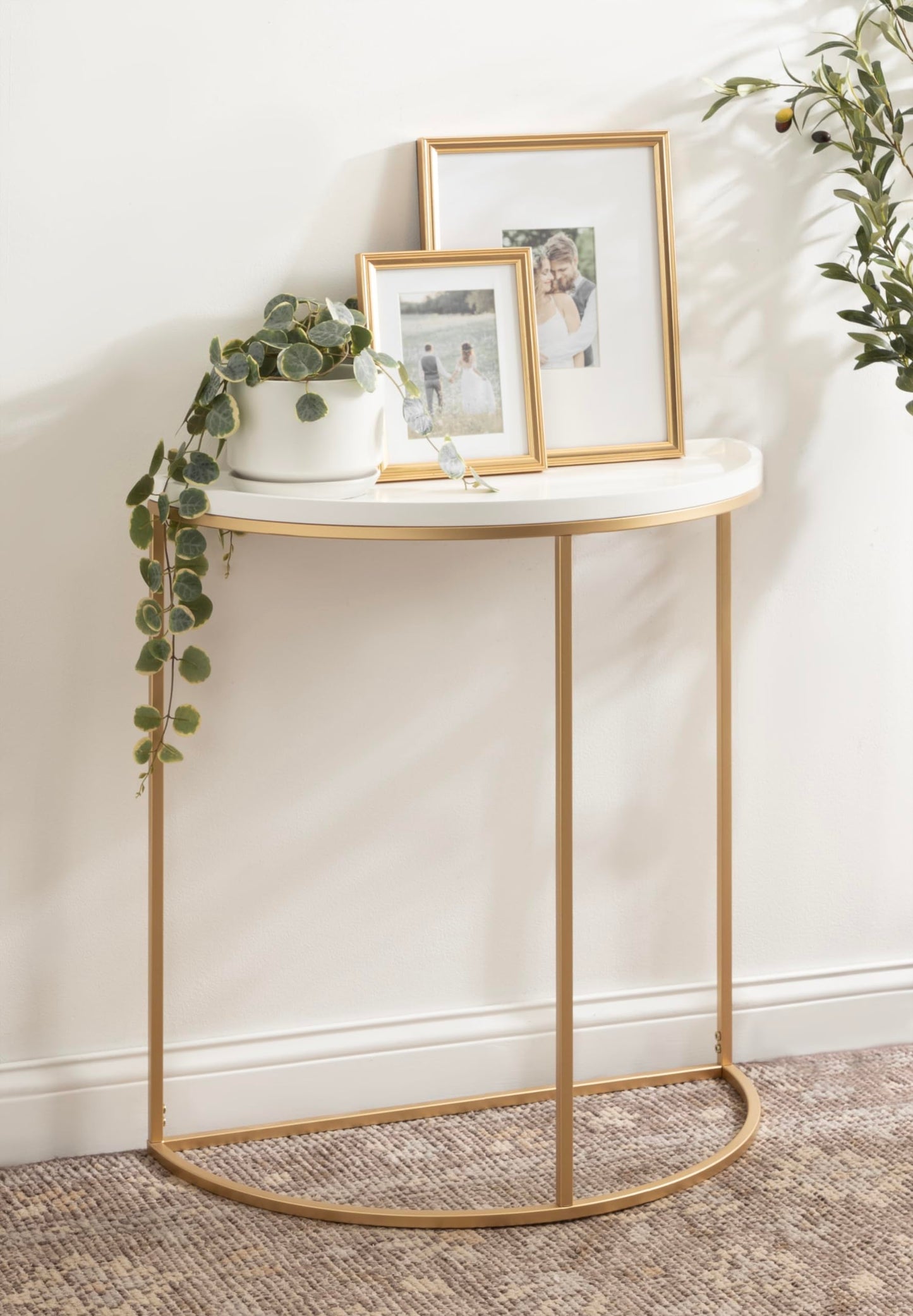 Kate and Laurel Dorrah Modern Round Console Table; 28 x 14 x 30; White and Gold; Glam Half-Circle Entryway Table for Storage; Organization; and Display