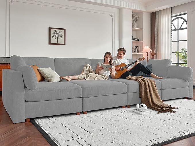 CUGOAO 159'' Modular Sectional Sofa, Oversized L-Shaped Sectional Couch, Deep Seat Chenille Cloud Couch, Removable Cover, Mordern Upholstered Couches for Living Room, Apartment, Office, Grey