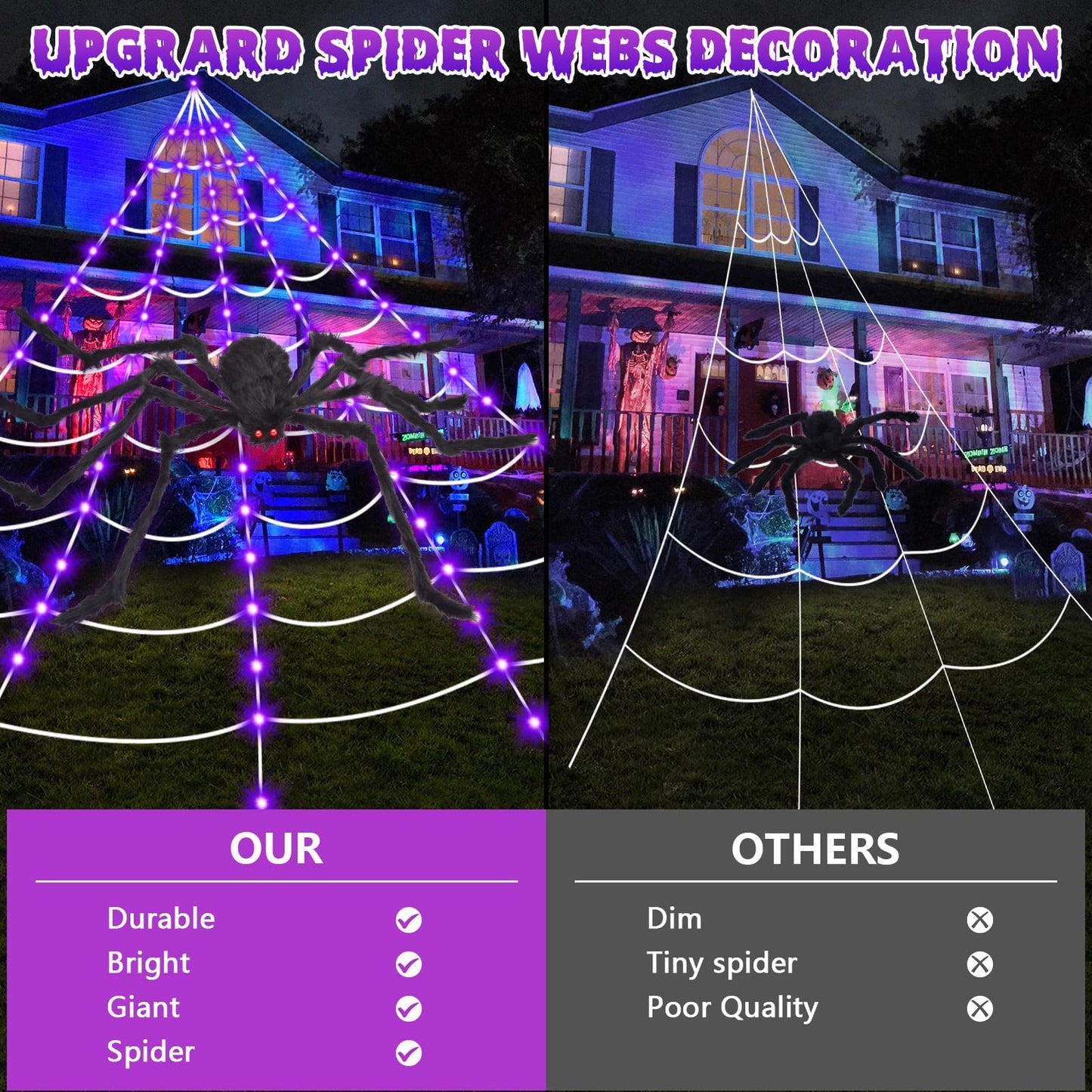 OCATO Halloween Decorations Spider Webs: Spider Web Lights 135 LED Purple Lights 59" Giant Spider Scary Halloween Decorations Outdoor Indoor for Party Garden Home Costumes Yard Haunted House