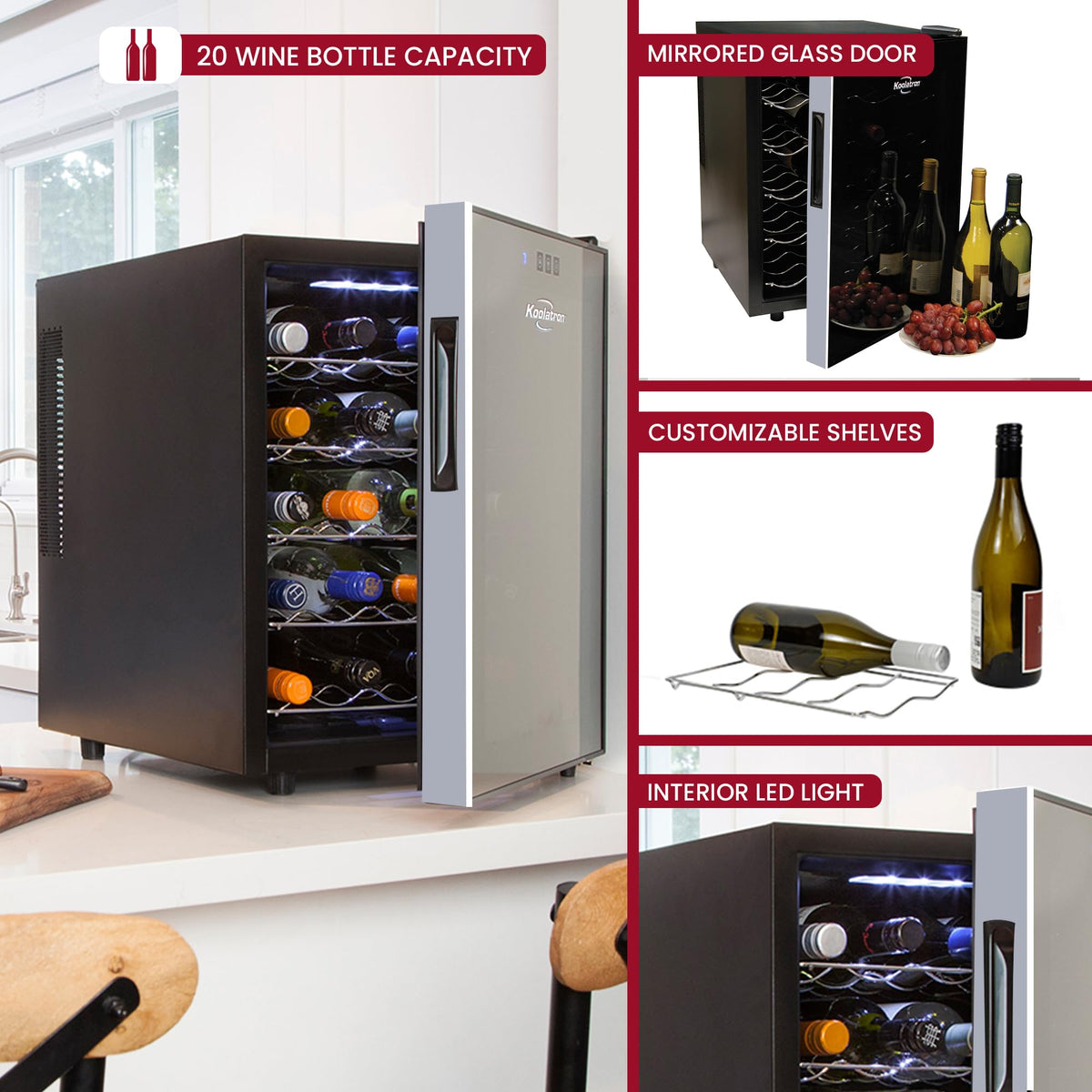 Koolatron Wine Fridge - Wine Cooler, 20 Bottle Wine Cabinet for Champagne, Red & White Wine, Freestanding Cellar For Bar, Home, Kitchen, Double Paned Glass Door, (48L)