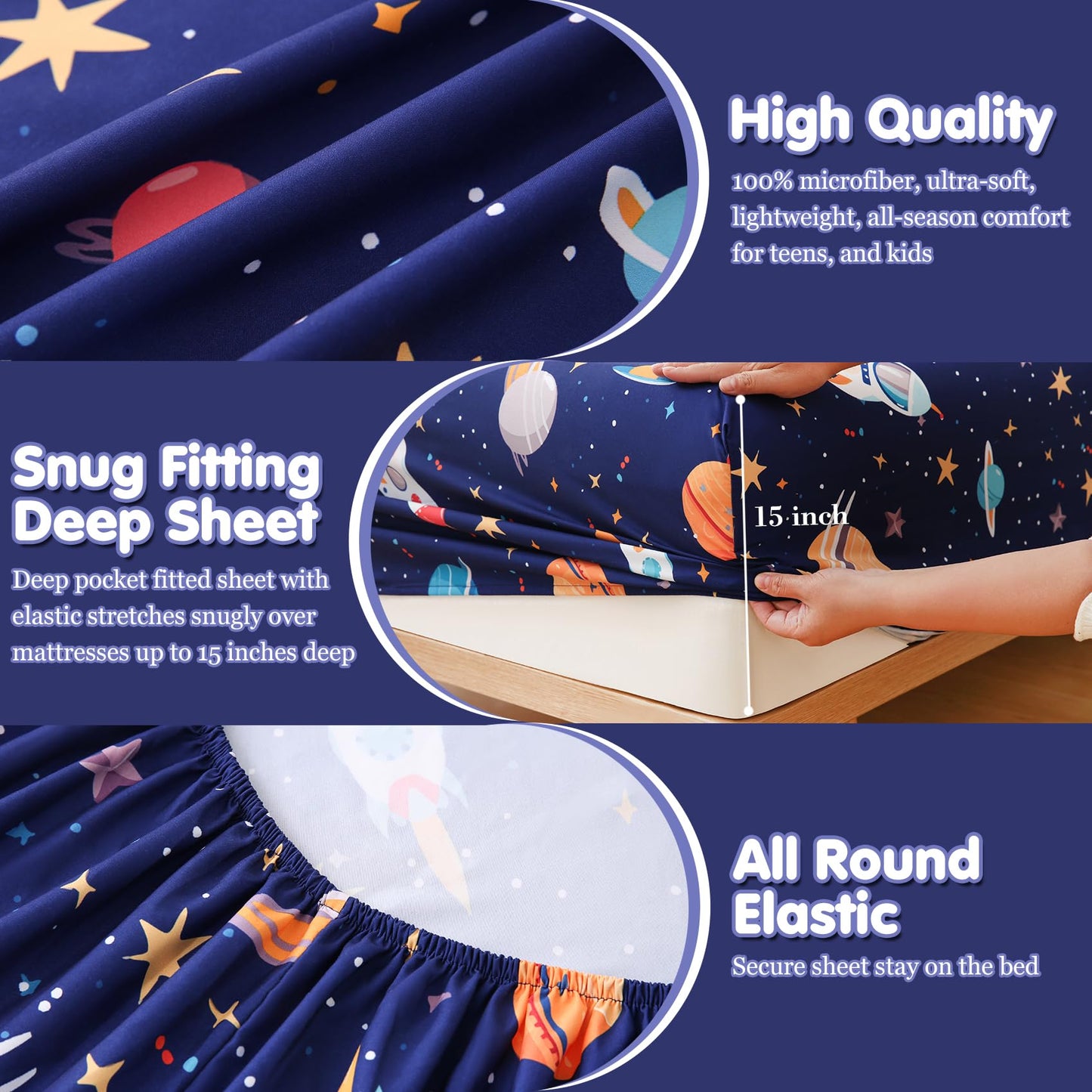 CIMVI Full Size Bed Sheets for Boys Space Rocket Universe Bed Sheet Sets for Kids 4 Piece Soft Microfiber Bed Sets with Deep Pocket Cartoon Bedding for Children Kids (Space, Full)