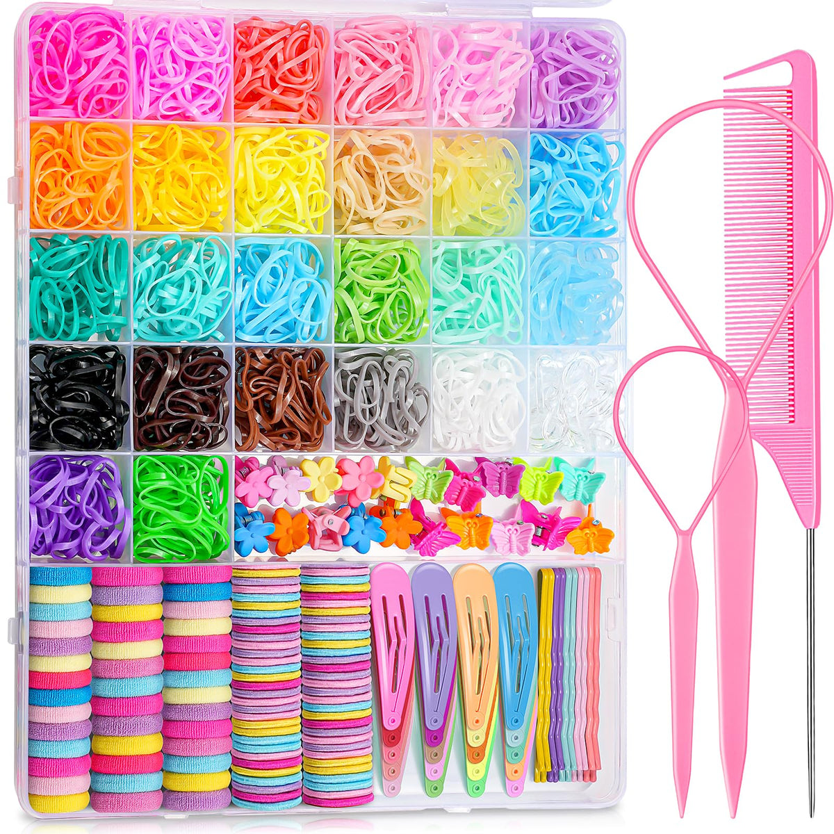 TsMADDTs Elastic Hair Ties, Colorful Hair Accessories for Baby Toddlers Kids Girls, 26 Colors Small Rubber Bands Set with Ties and Clips, Styling Tools