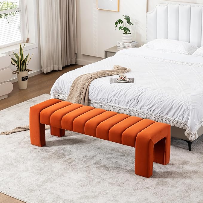 AIITTCC Velvet End of Bed Bench Upholstered Modern 59" Bedroom Bench for King Bed Bench Tufted Window Bench Comfy Long Ottoman for Living Room/Entry/Indoor (Orange, 59" Wide)