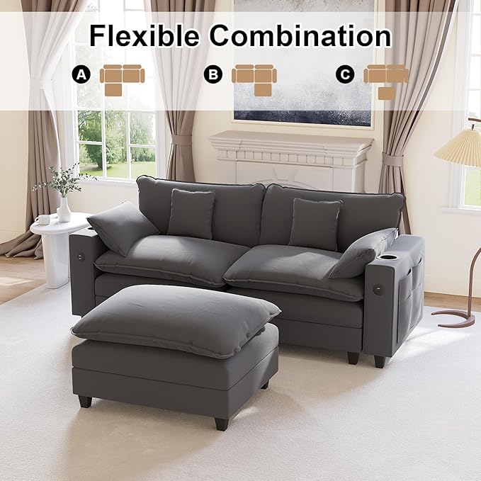 KCGKCG 80.7" Modular Sectional Sofa, L Shaped Cloud Couch with Movable Ottoman, Chenille Deep Seat Cloud Sofa with Charging Station, Cup Holder, Side Pocket, Sectional Couches for Living Room, Grey