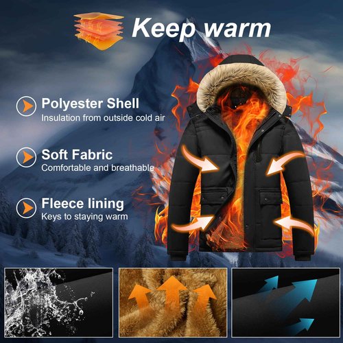 Junggley Men's Winter Warm Ski Jacket Mountain Windproof Hiking Hooded Snow Coat Multi Pockets Black XL