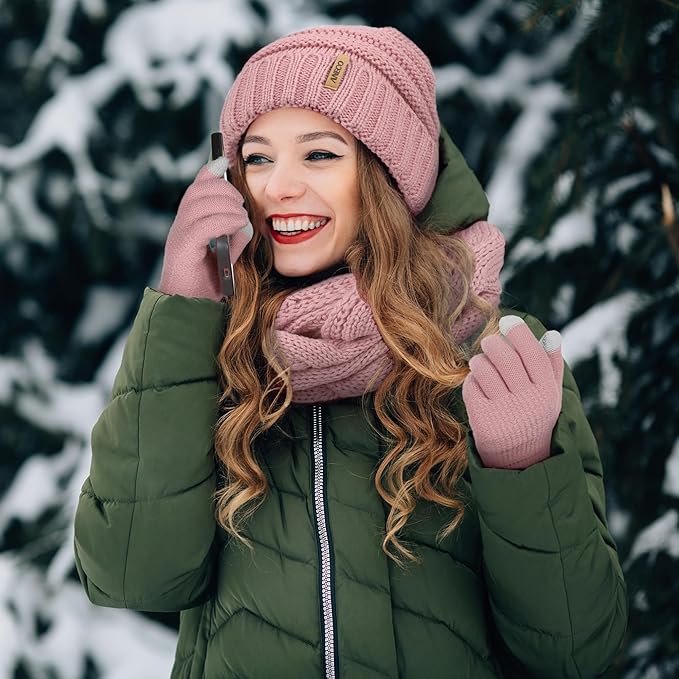 Aneco Winter Warm Sets Knitted Scarf Beanie Hat Touch Screen Gloves and Winter Ear Warmer for Men or Women