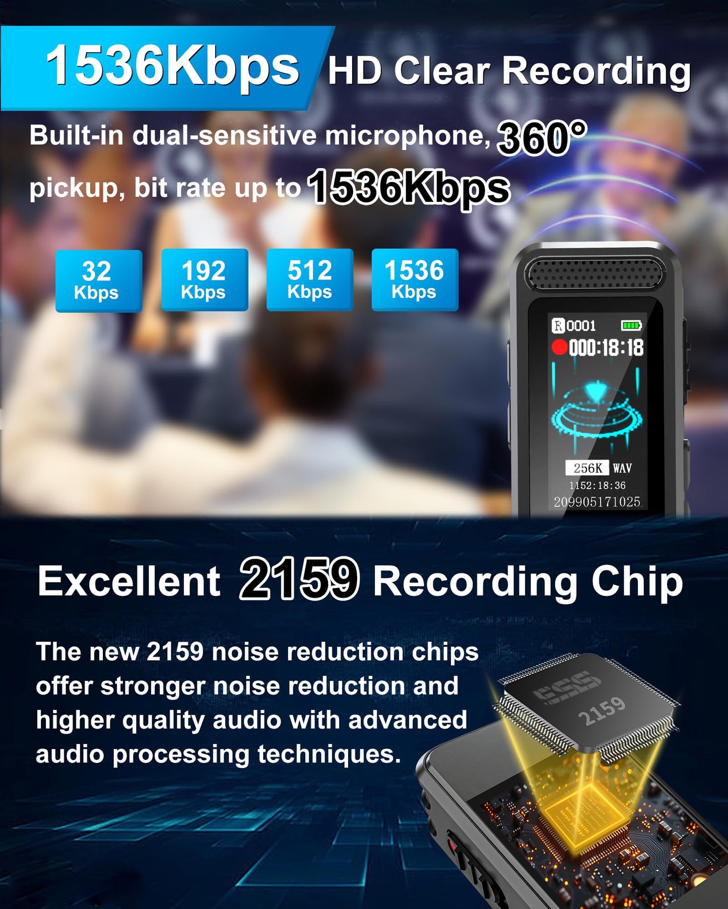 128Gb Mini Voice Recorder With 2159 Professional Noise Reduction And Up To 1536Kbps Lossless Sound Quality, Voice Activated Reco