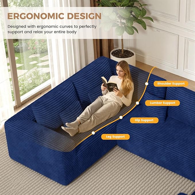 136'' Large Sectional Cloud Couches with Chaise, U Shaped Boneless Sofa Bed with Ottoman, No Assembly Required Deep Seat Modular Lounge for Living Room 4PCS Set, Bedroom(Blue)