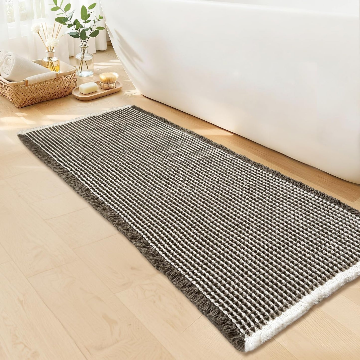 Waffle Bath Mat - Boho Bathroom Rugs Non Slip Washable, Super Absorbent & Quick Dry, Soft Bath Mat Farmhouse Bathroom Decor, 24'' x 48'', Olive Green and White