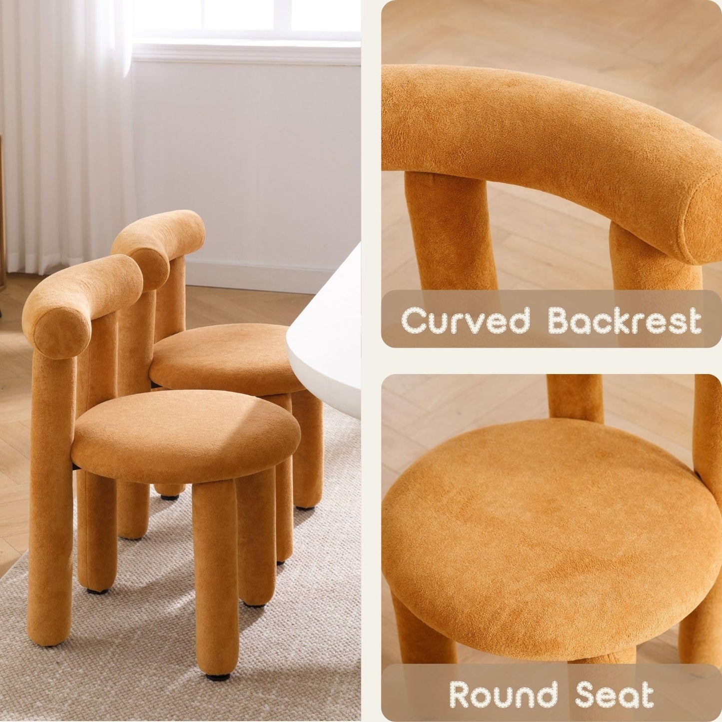 ROCITY Boucle Dining Chairs Set of 2 Armless Sherpa Kitchen Chairs Small Modern Barrel Dining Room Chairs Upholstered Cute Side Chairs Orange Yellow