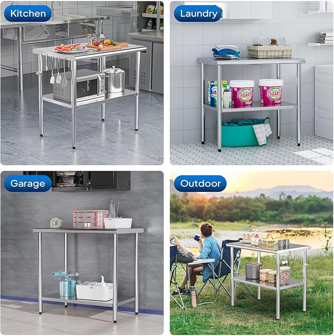 ROVSUN 30'' x 24'' Stainless Steel Table for Prep & Work,Commercial Worktables & Workstations, NSF Heavy Duty Metal Table with Adjustable UnderShelf for Kitchen Restaurant, Home, Hotel, Outdoor
