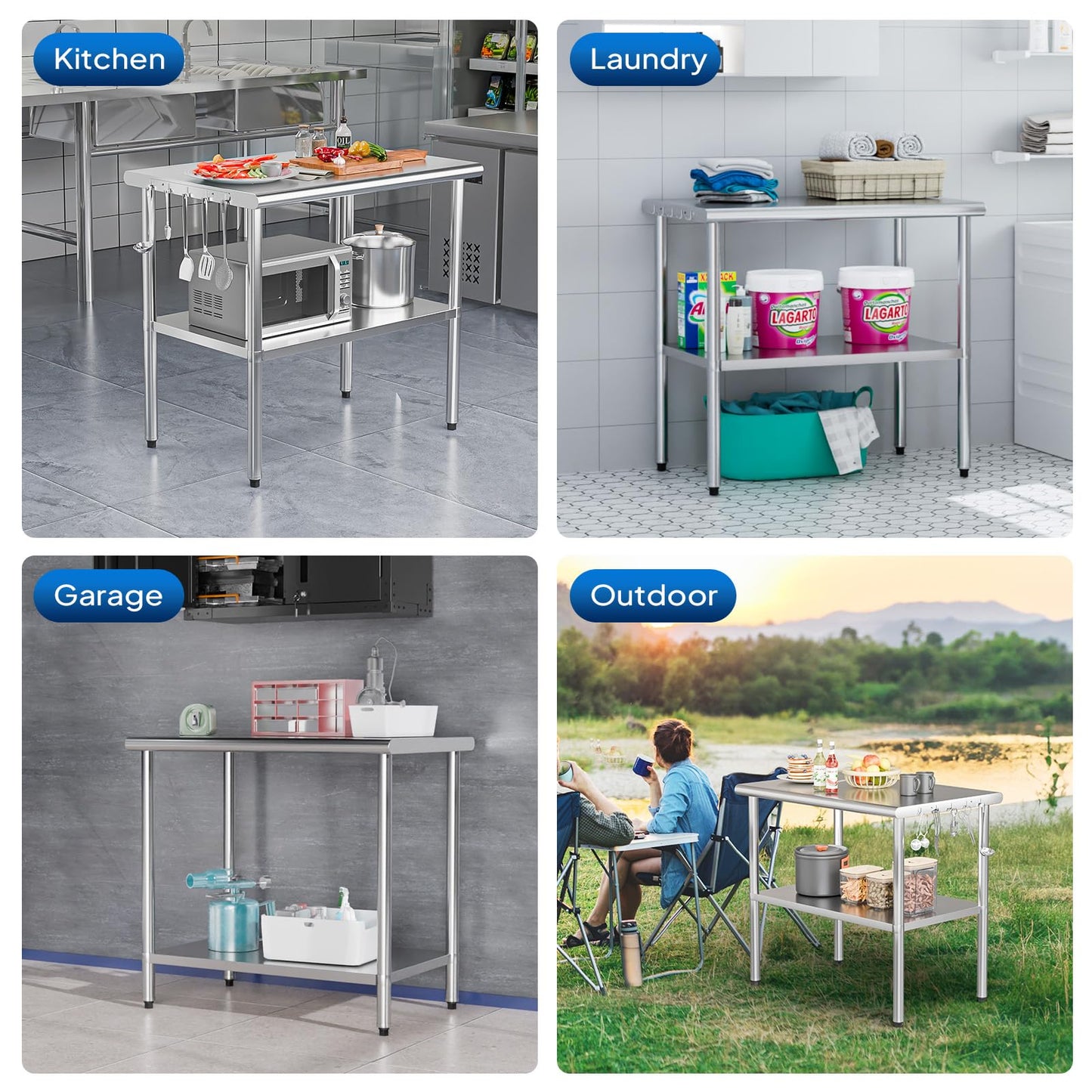 ROVSUN 30'' x 24'' Stainless Steel Table for Prep & Work,Commercial Worktables & Workstations, NSF Heavy Duty Metal Table with Adjustable UnderShelf for Kitchen Restaurant, Home, Hotel, Outdoor